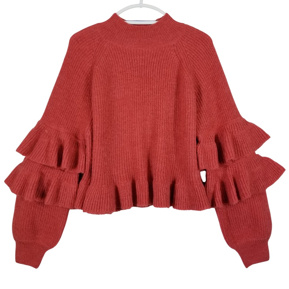Rain + Rose Tomato Red Ruffle Sleeve Mock Neck Ribbed Knit Sweater SW4490S Large